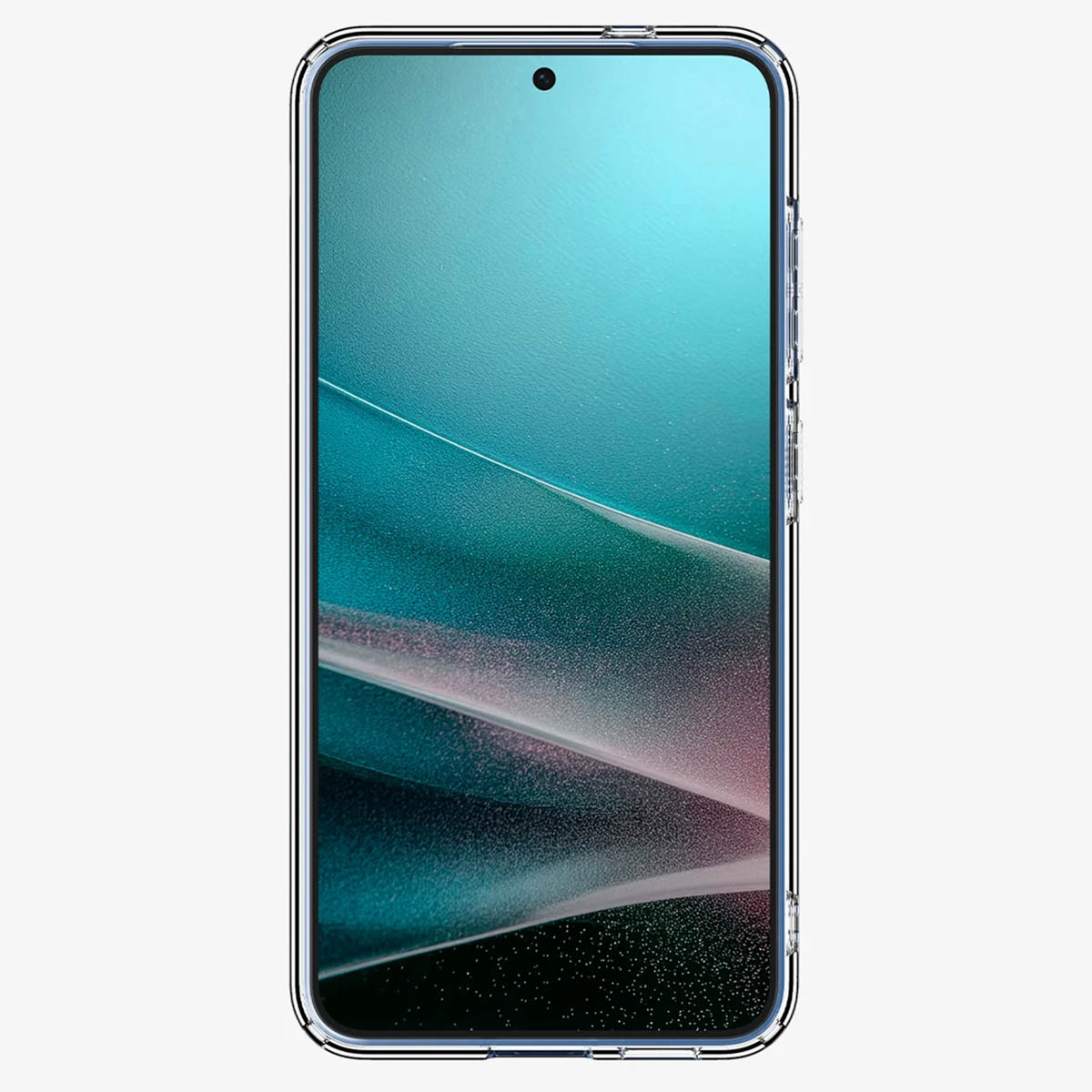 Transparante telefoonhoes op een telefoon, die het scherm laat zien. Blauwe en paarse achtergrond.