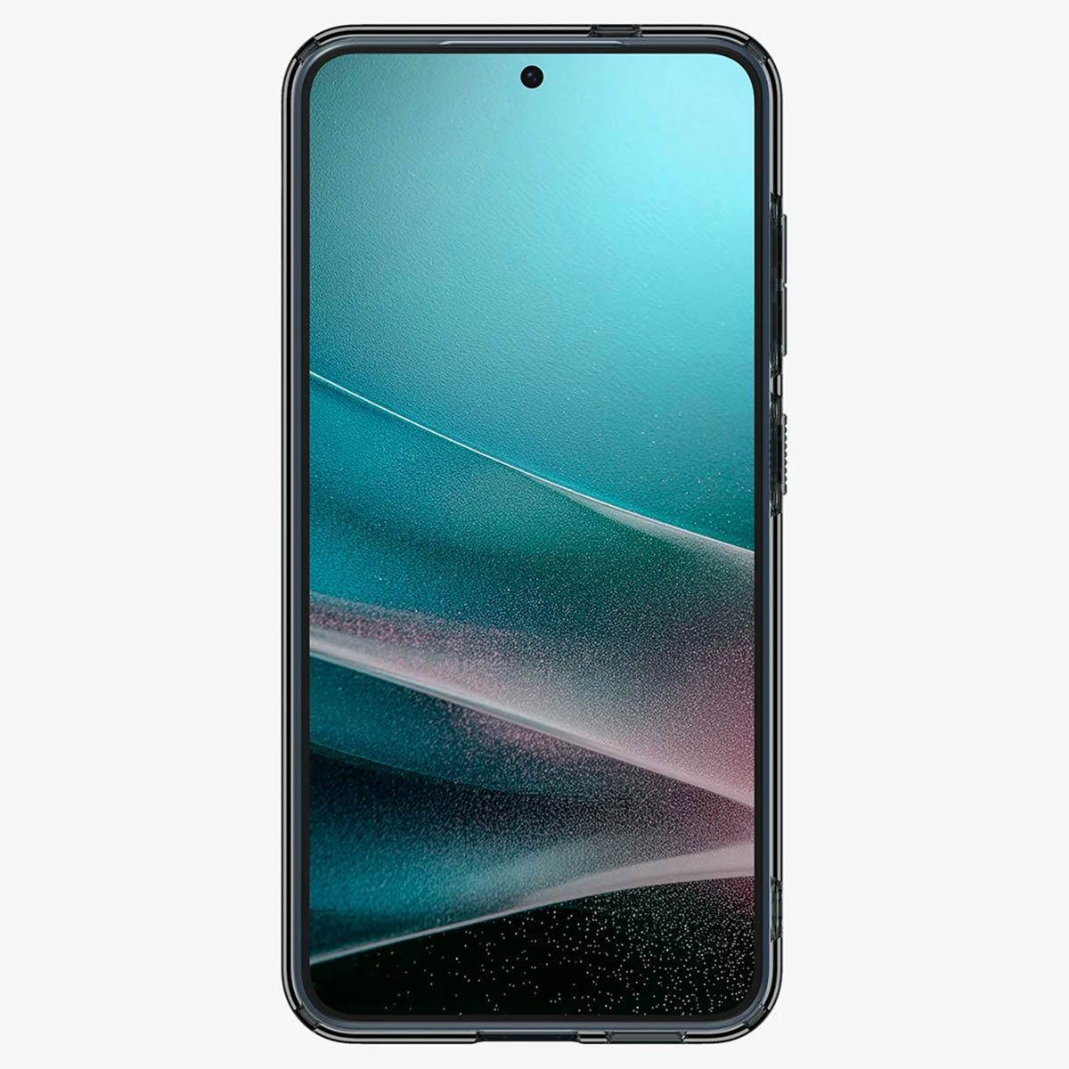 Un smartphone avec un étui noir. L'écran affiche une image en dégradé turquoise.