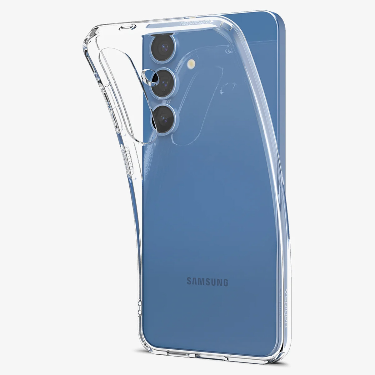 Transparante telefoonhoes op een blauwe telefoon. De camera's zijn zichtbaar.