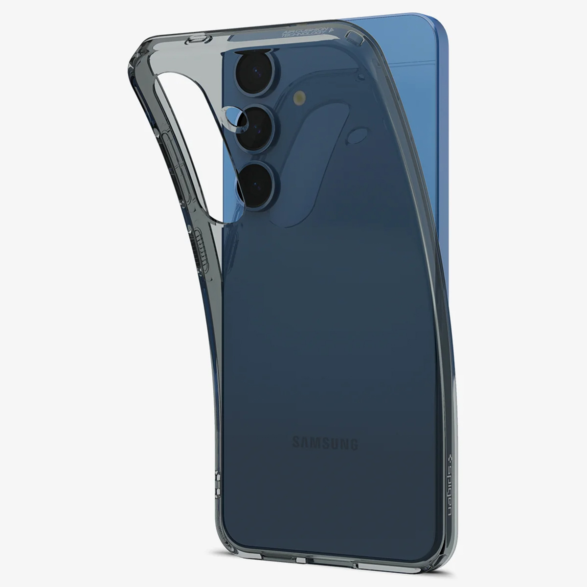 Coque de téléphone transparente sur un téléphone bleu. Transparente et protectrice, marque Samsung.