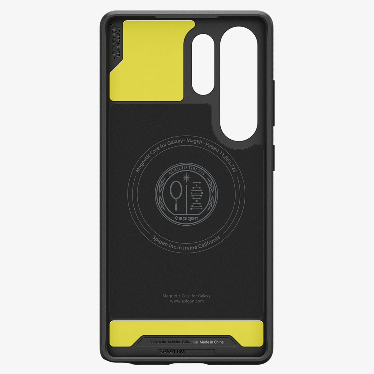 Een zwarte telefoonhoes met gele accenten. Het heeft het logo en de tekst van Spigen. Voor een Galaxy.