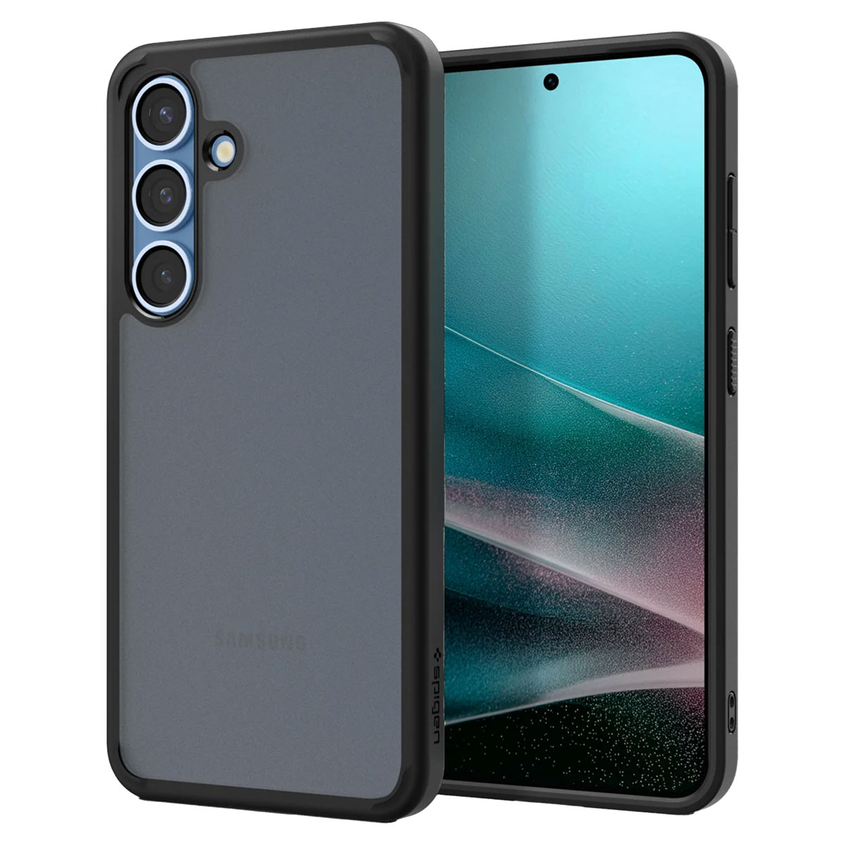 Coque grise avec téléphone. Trois caméras. Texte Samsung. Cadre noir.