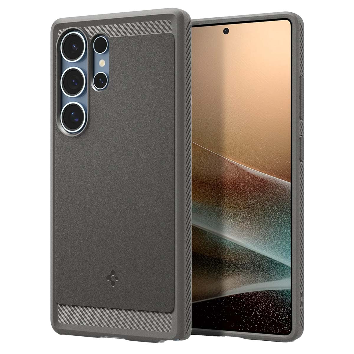 Telefoonhoes met grijze achterkant en koolstofvezel-look boven en onder. De telefoon zit erin.