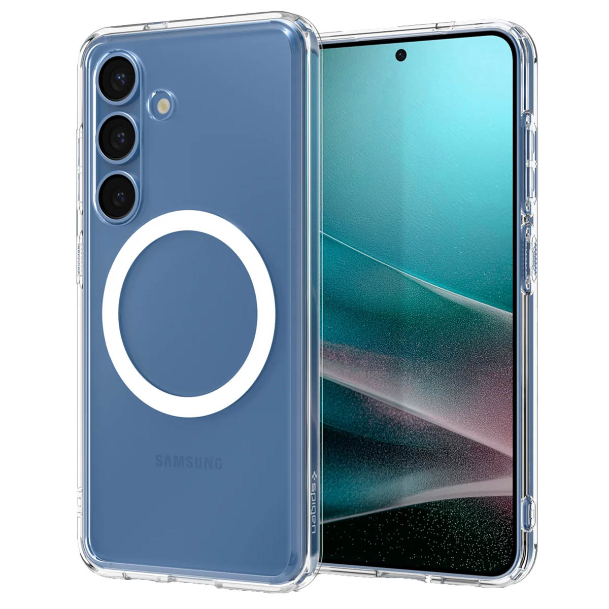 Téléphone bleu avec une coque transparente. Trois objectifs de caméra à l'arrière. Le logo Samsung est visible.
