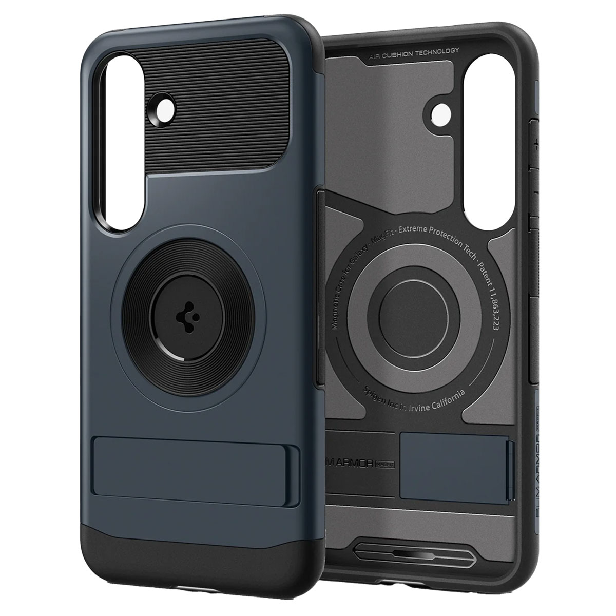 Coque de téléphone sur une surface blanche avec un support. La coque est bleu foncé.