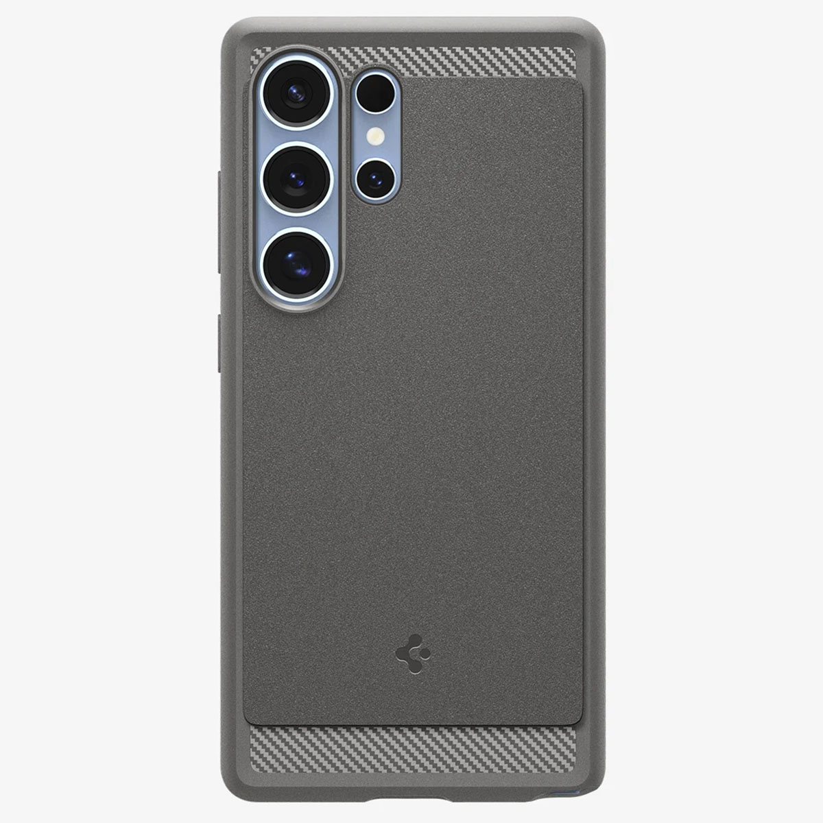 Grijze telefoonhoes met camera-uitsparingen en een textuur. Spigen logo.