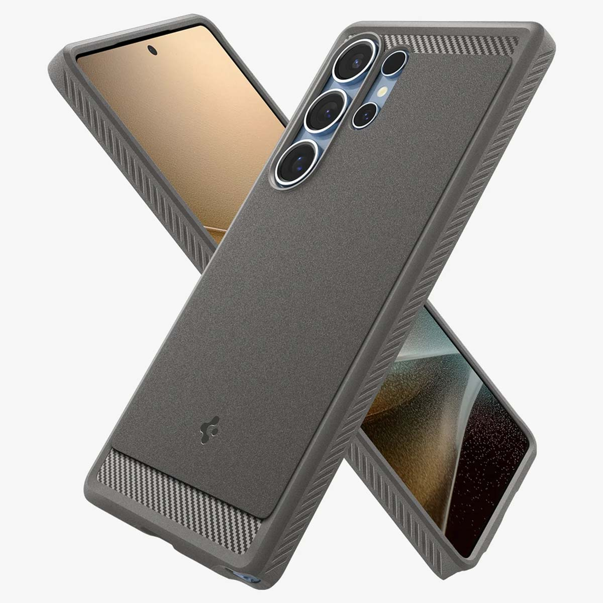 Telefoonhoesje met een ontwerp. De case heeft drie cameralenzen en een donkergrijze kleur.