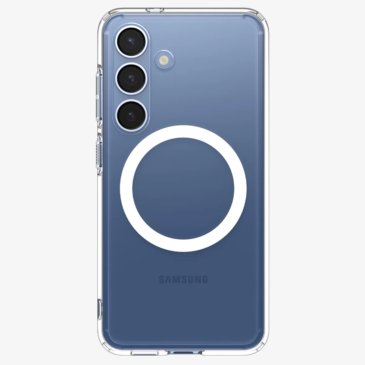 Coque transparente sur un téléphone bleu, avec magsafe circulaire blanc.