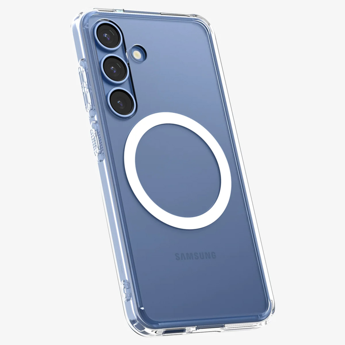 Téléphone bleu avec étui transparent et anneau blanc au dos. Logo Samsung.
