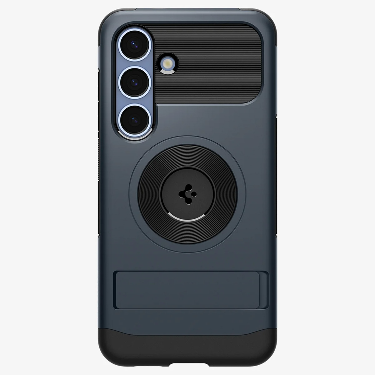 Coque de téléphone bleue avec découpe caméra et béquille. Anneau noir pour MagSafe.