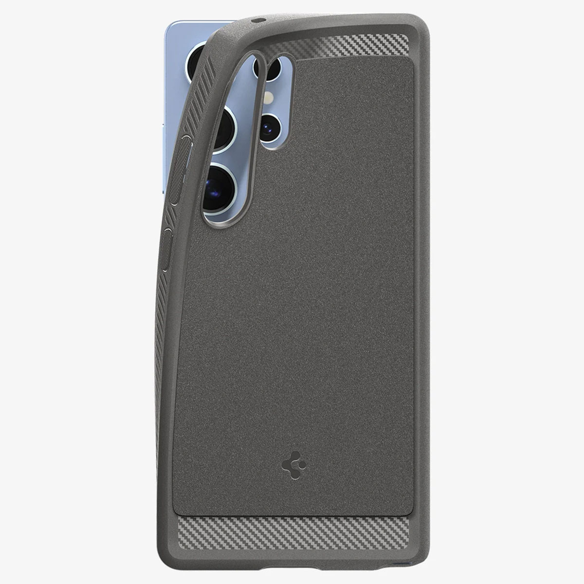 Een telefoon met een grijze hoes. De hoes heeft een koolstofvezeltextuur op de onderste helft.