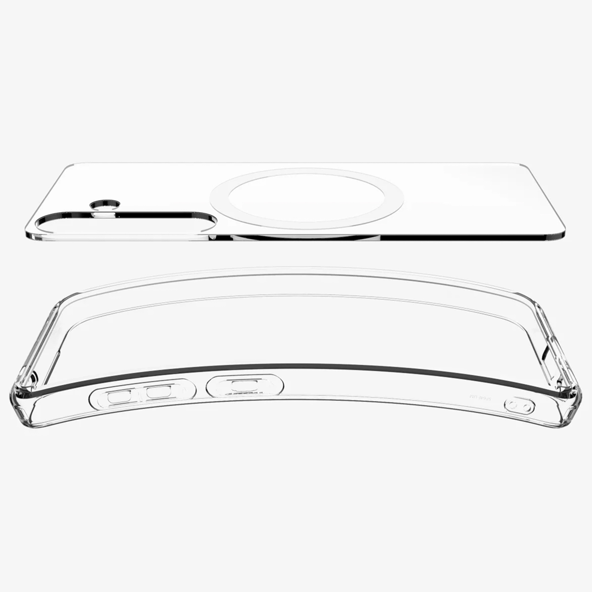 Deux coques transparentes pour téléphone, une avec anneau magsafe.