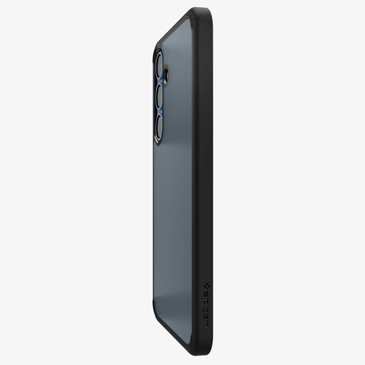 Un étui de téléphone noir avec un téléphone gris foncé à l'intérieur, vue latérale, avec le nom de la marque.