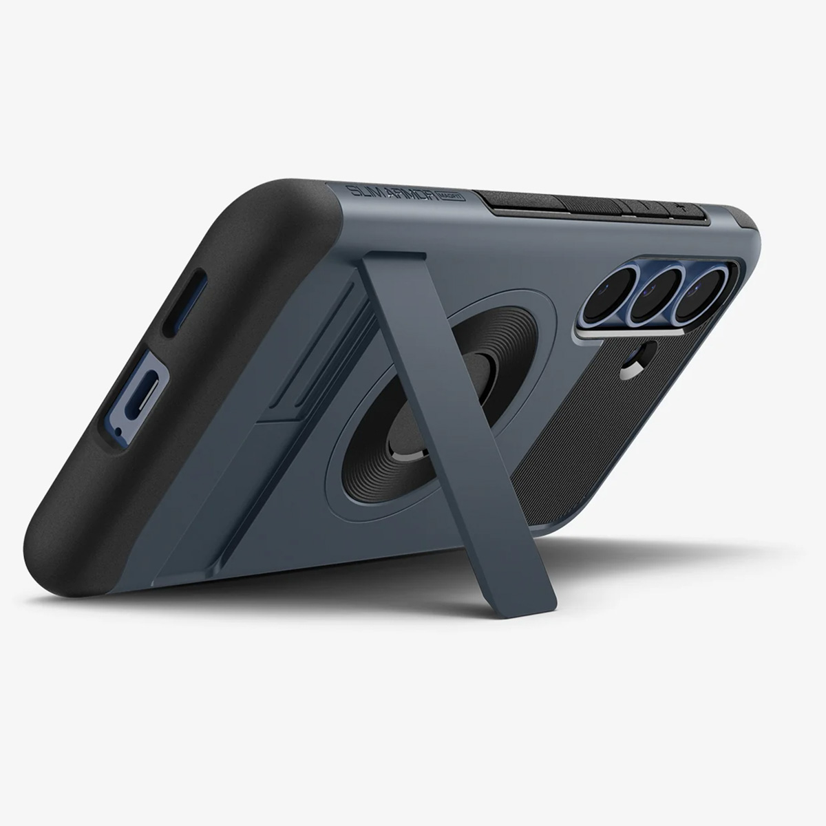 Coque bleue avec béquille. Découpes caméra et logo Spigen.