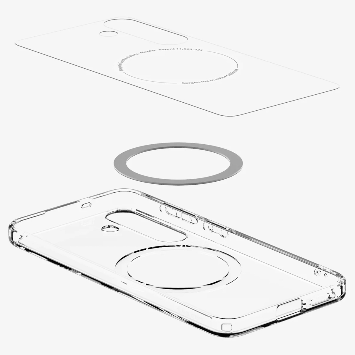 Étui de téléphone transparent et anneau argenté présentés séparément. L'étui a des découpes pour les caméras et l'anneau.