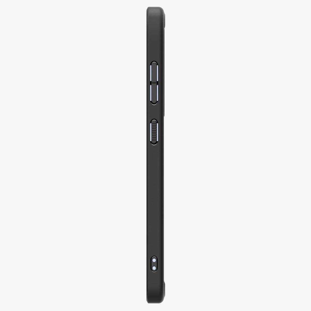 Vue latérale d'une coque de téléphone noire. Boutons et bascule du volume visibles. Fond blanc propre.
