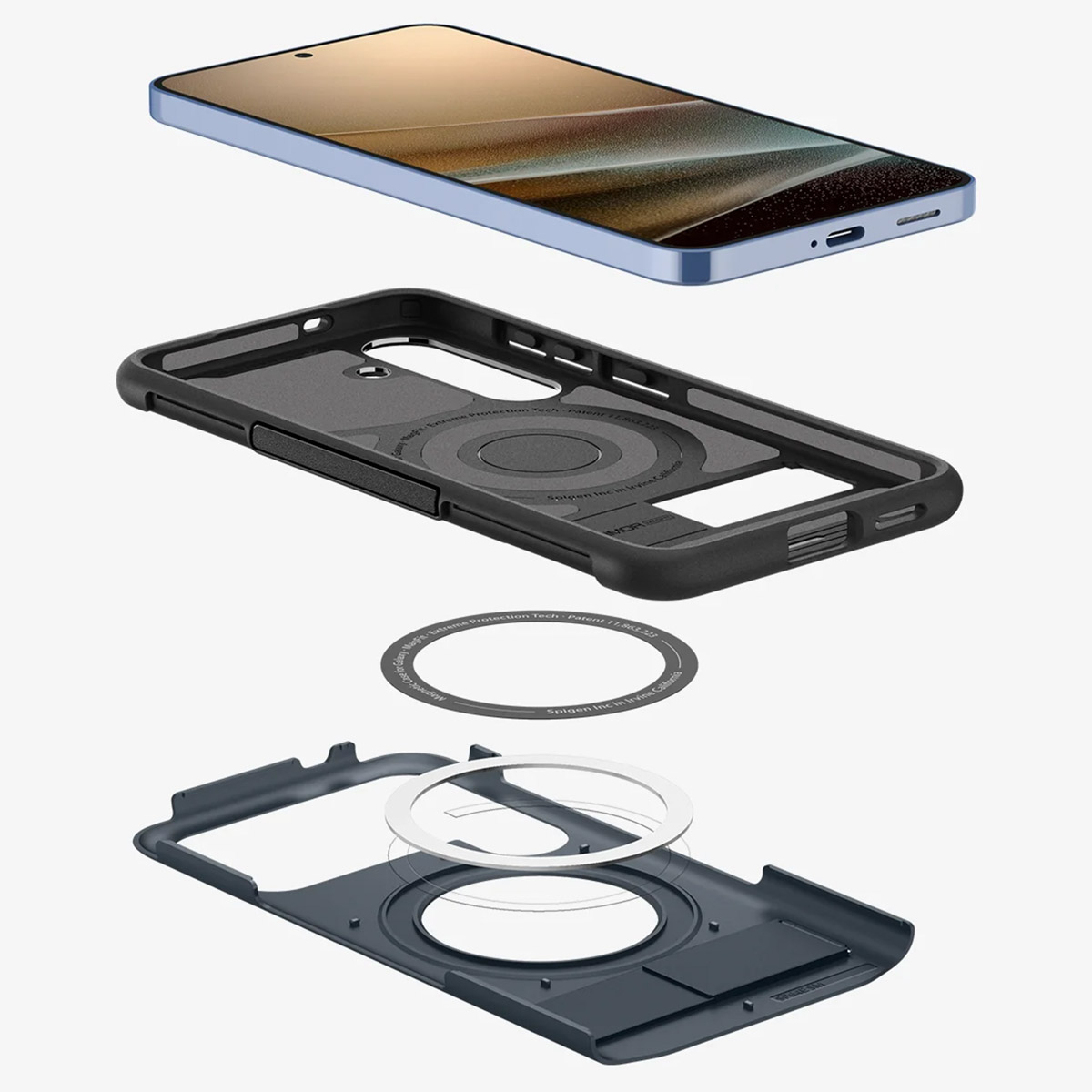 Composants de téléphone : un étui noir avec un anneau de chargement et un téléphone, le tout sur fond blanc.