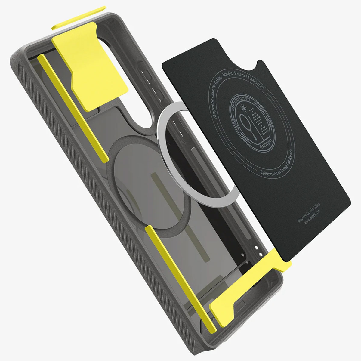Telefoonhoes gedemonteerd, onderdelen tonen. Gele accenten, zwart frame, witte achtergrond.