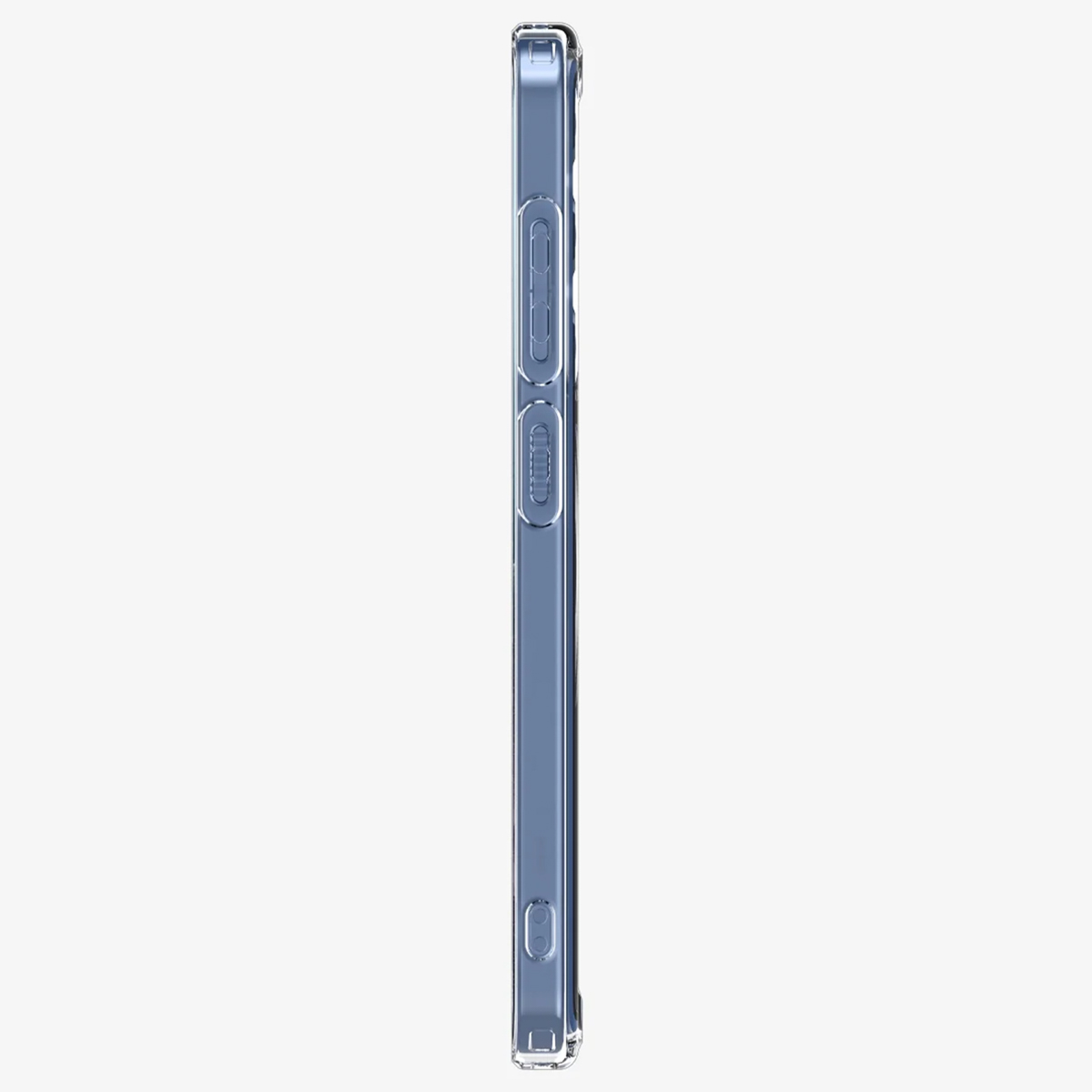 Vue latérale d'une coque de téléphone bleu transparent. Boutons et bascule du volume visibles. Fond blanc.