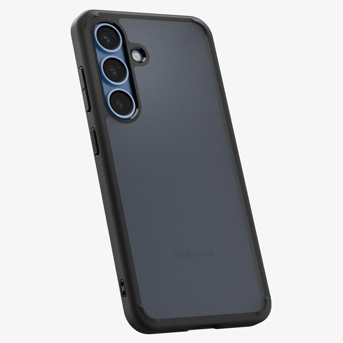 Coque de téléphone bleu foncé, vue en angle, avec lentilles de caméra. Fond blanc.