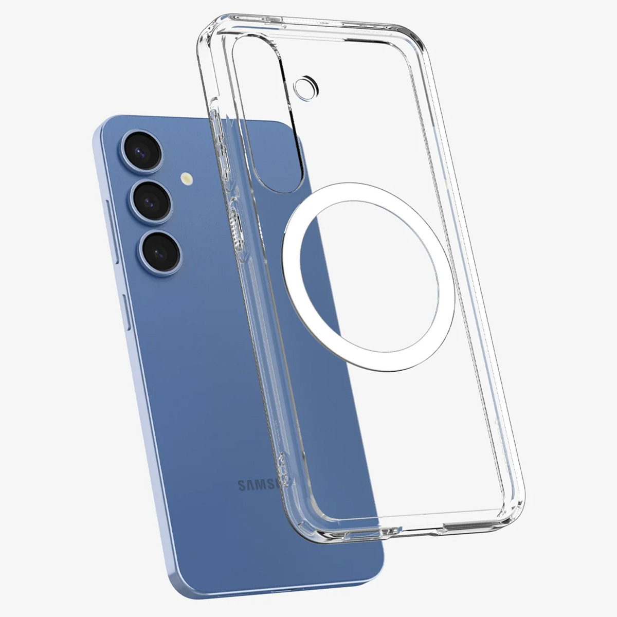 Téléphone bleu avec coque transparente. Fond blanc.
