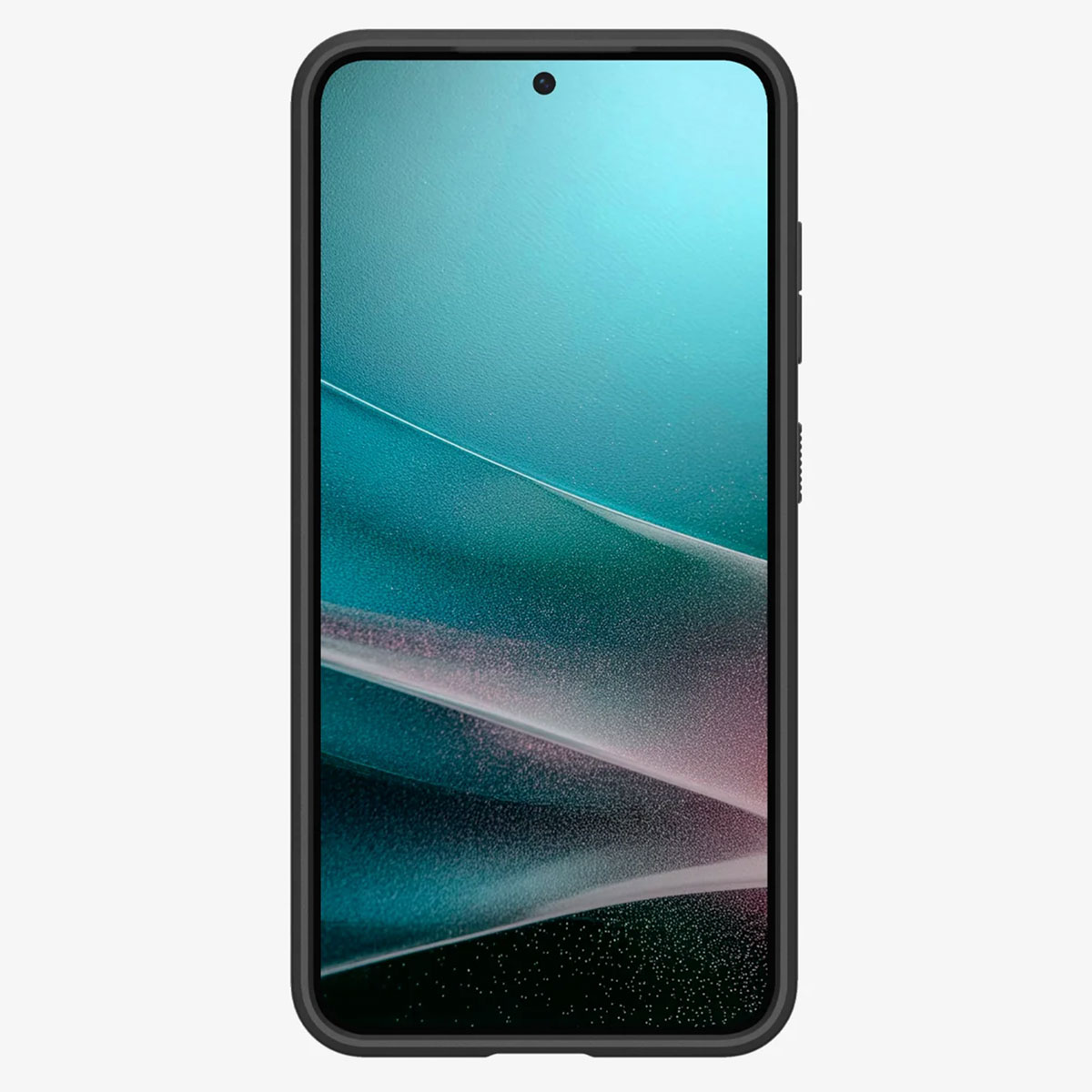 Téléphone avec étui noir. L'écran affiche un dégradé bleu et rose.