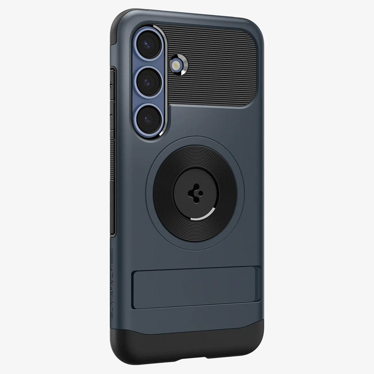 Coque de téléphone bleu foncé avec support et élément circulaire noir au dos.