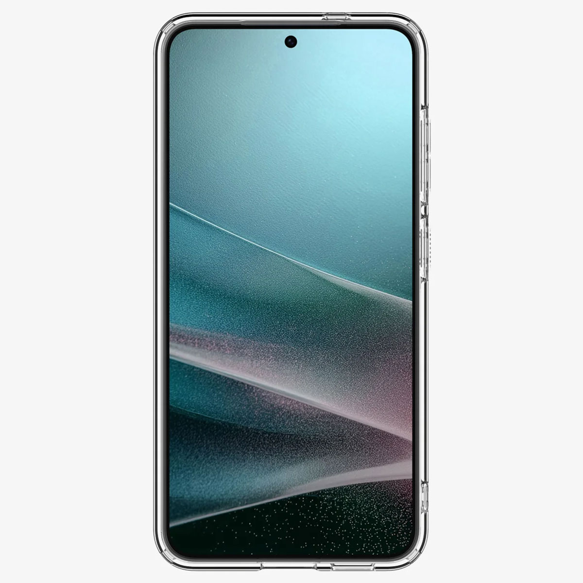 Téléphone avec étui transparent. L'écran affiche un dégradé bleu et rose.