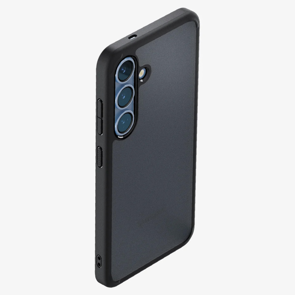 Coque de téléphone noire avec un téléphone à l'intérieur. Le téléphone a plusieurs caméras.