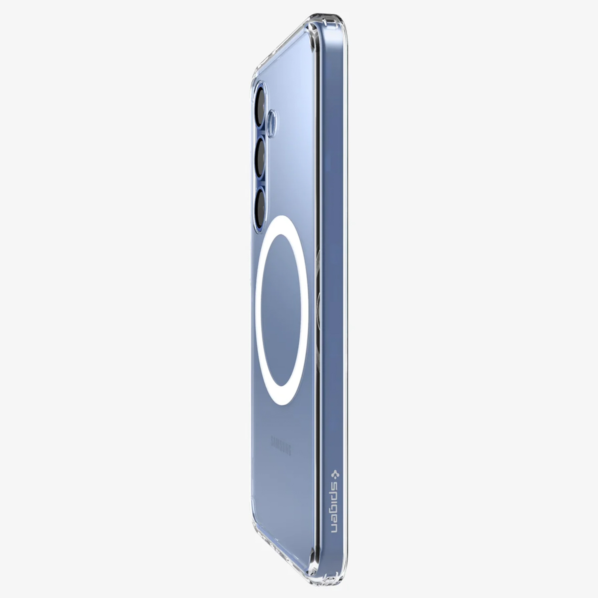 Coque de téléphone transparente avec un téléphone à l'intérieur. Le téléphone est bleu clair et a des caméras.