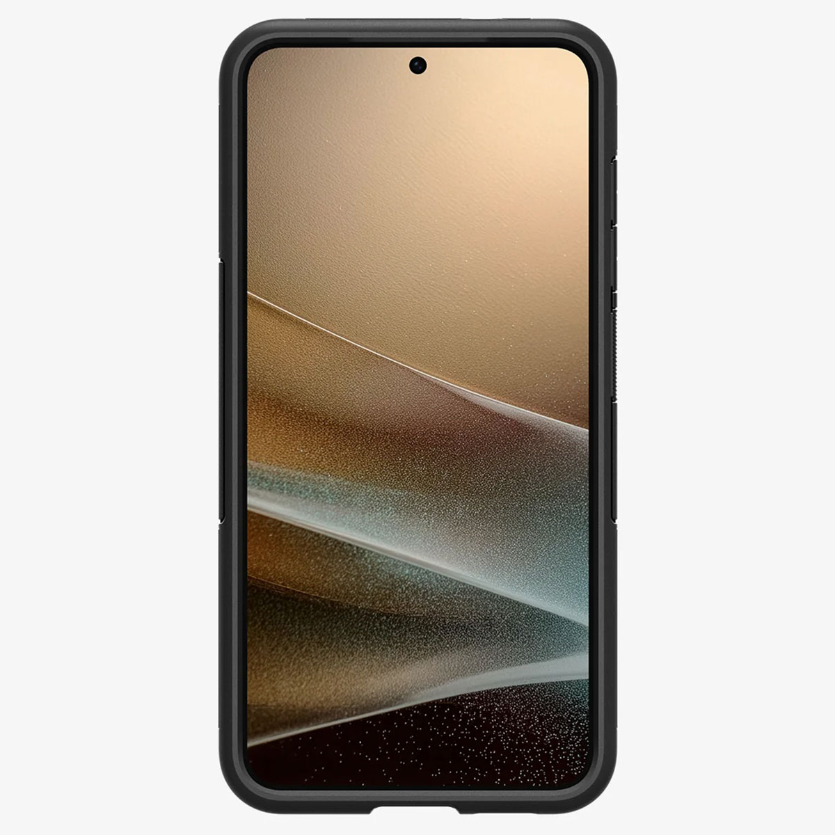 Un smartphone dans un étui noir est présenté. Le téléphone est centré, avec un affichage à l'écran.