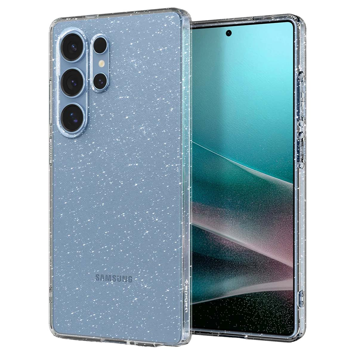 Téléphone bleu dans un étui scintillant. L'arrière comporte trois caméras et le logo Samsung.