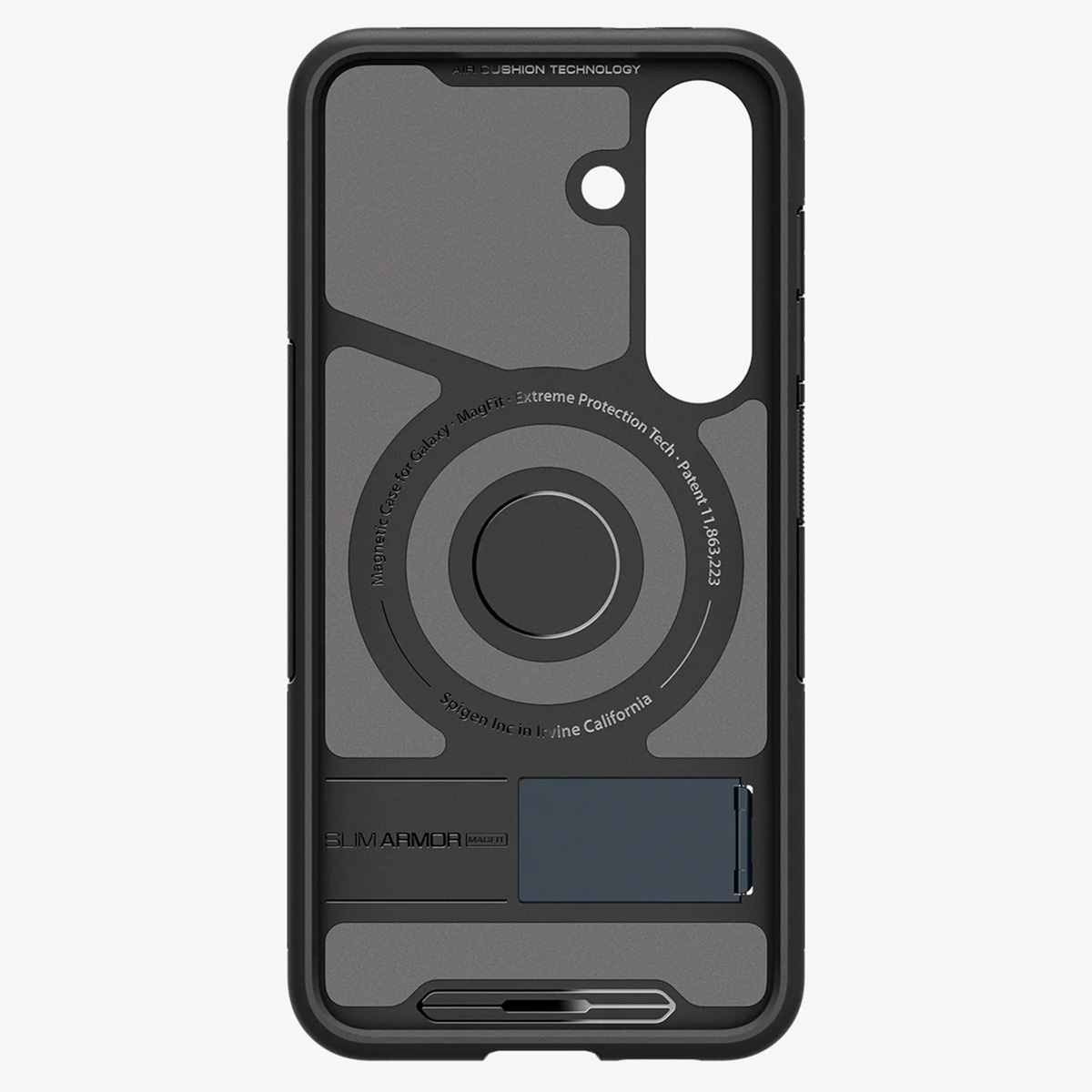 Coque de téléphone noire avec support et anneau magnétique. Avec texte et découpe pour la caméra.