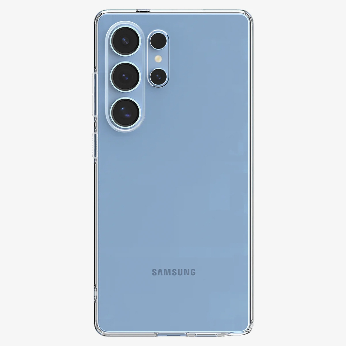 Téléphone bleu clair avec étui transparent, logo Samsung visible. Configuration triple caméra.
