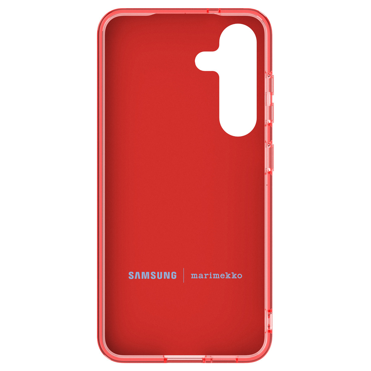 Funda roja para teléfono, vista interior. Marcas Samsung y Marimekko. Fondo blanco. Vertical.