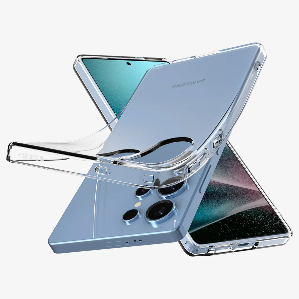 Téléphone bleu avec coque transparente, vue en angle. Fond blanc.