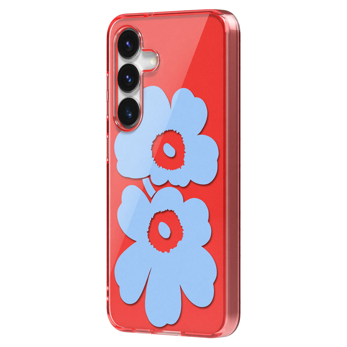Una funda roja para teléfono con diseño de flores azules.