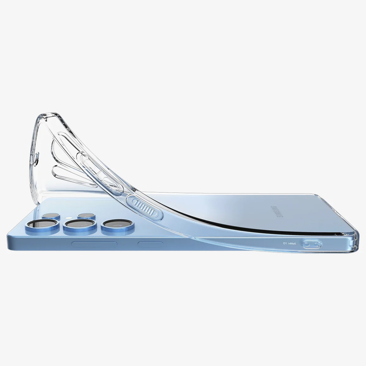 Coque de téléphone transparente avec un téléphone à l'intérieur. Le téléphone est bleu clair et a des caméras.