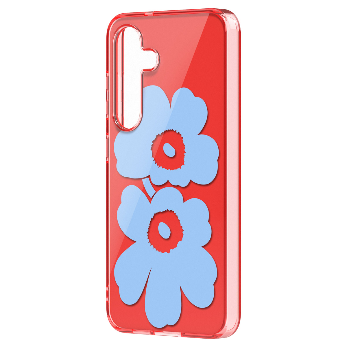 Funda de teléfono roja con diseño de flores azules, transparente, floral.