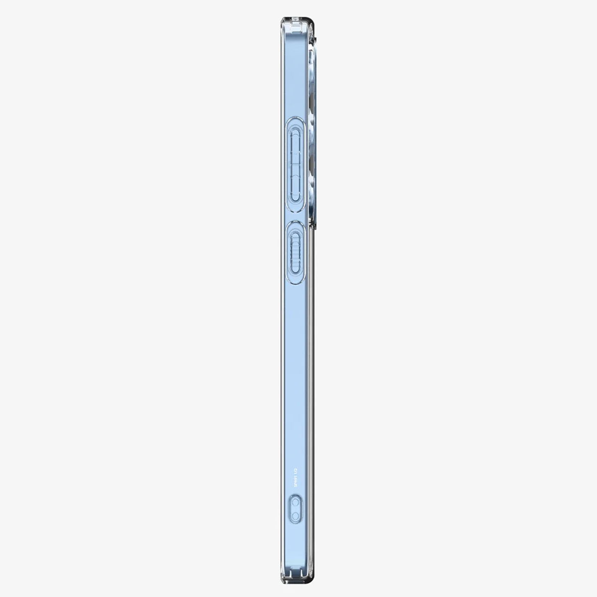 Vue latérale du téléphone dans une coque transparente. Le côté montre les boutons et le cadre du téléphone.