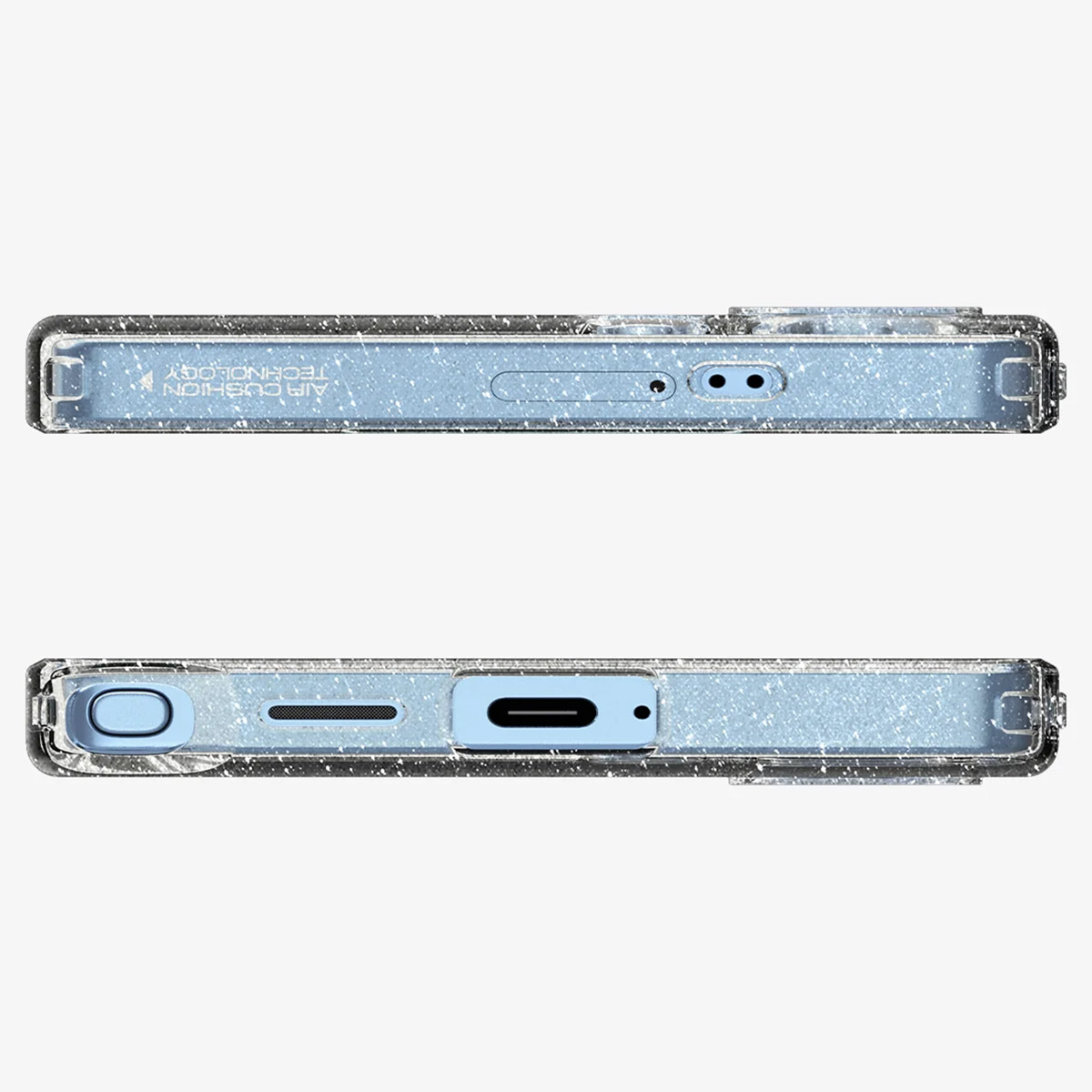 Deux côtés d'une coque de téléphone. Le haut a des trous pour la caméra, le bas pour la charge.