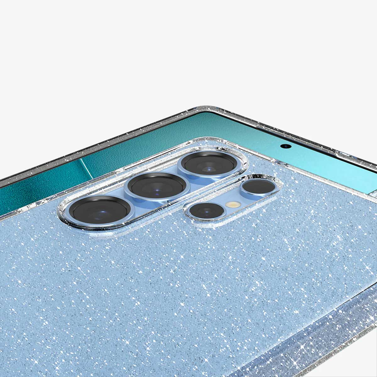 Coque de téléphone avec effet pailleté et objectifs d'appareil photo en gros plan.