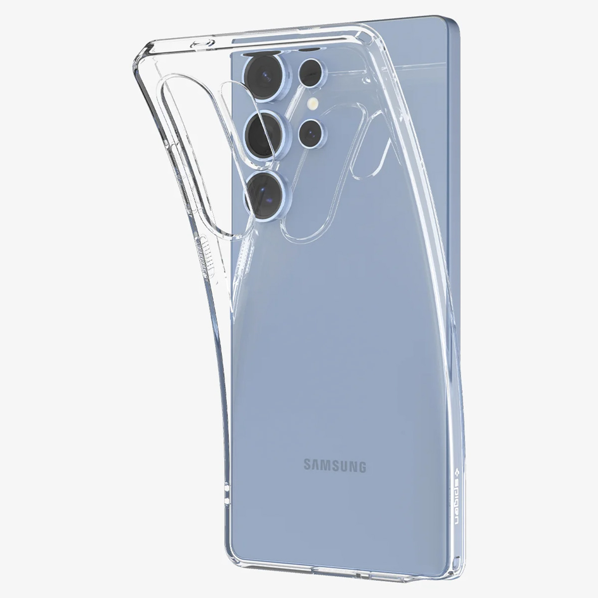 Coque de téléphone transparente avec téléphone bleu à l'intérieur. Trois lentilles de caméra.