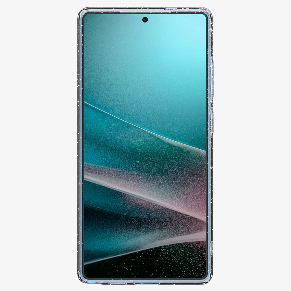Téléphone avec coque transparente. Écran avec design abstrait turquoise et rose. Fond blanc.