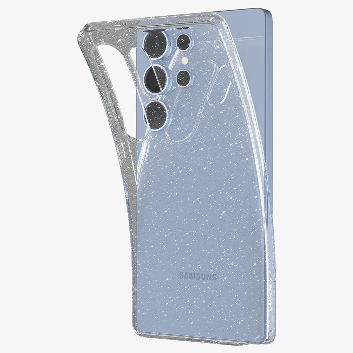 Coque transparente avec paillettes et un téléphone bleu à l'intérieur, montrant l'appareil photo.