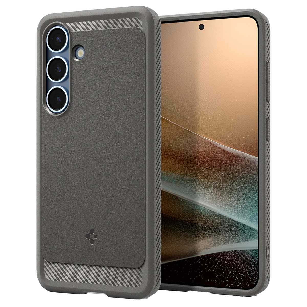 Un téléphone avec une coque grise, un emplacement pour carte et une zone gris foncé sur fond blanc.