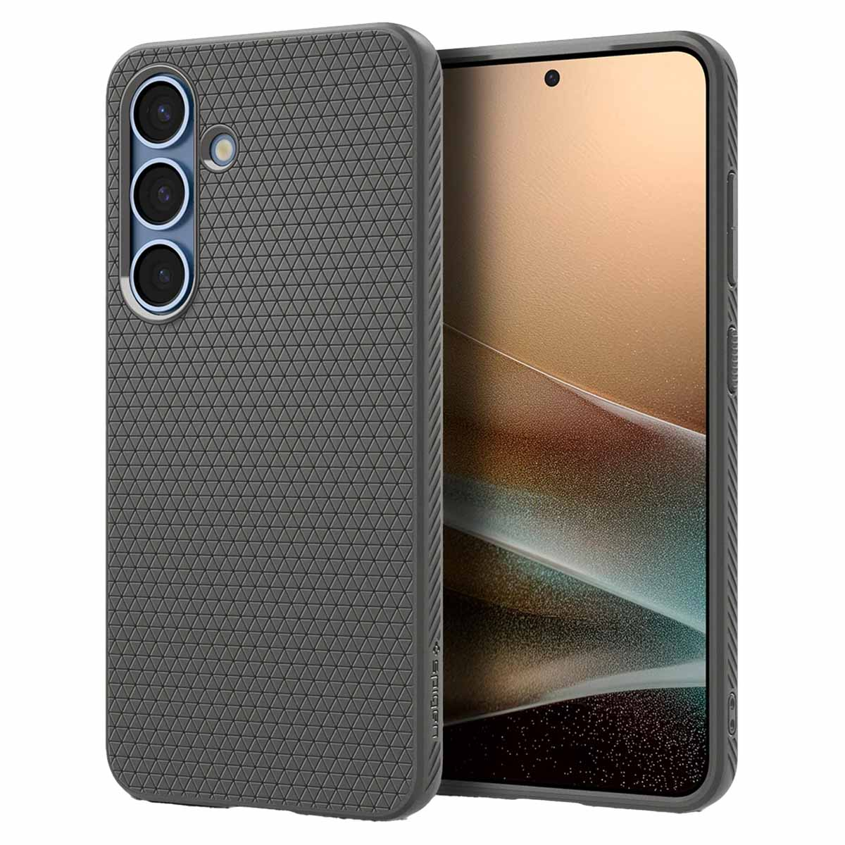 Grijze telefoonhoes met een patroon. De case heeft een gestructureerd oppervlak aan de achterkant.