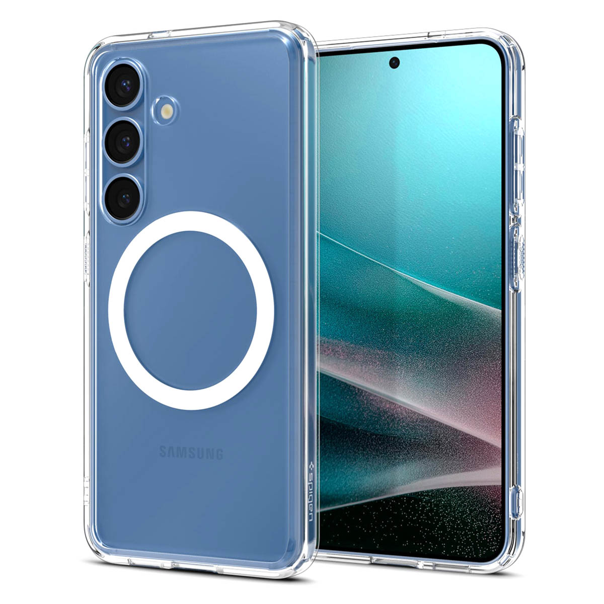 Coque transparente avec anneau blanc. Téléphone bleu à l'intérieur. La coque est dessus.