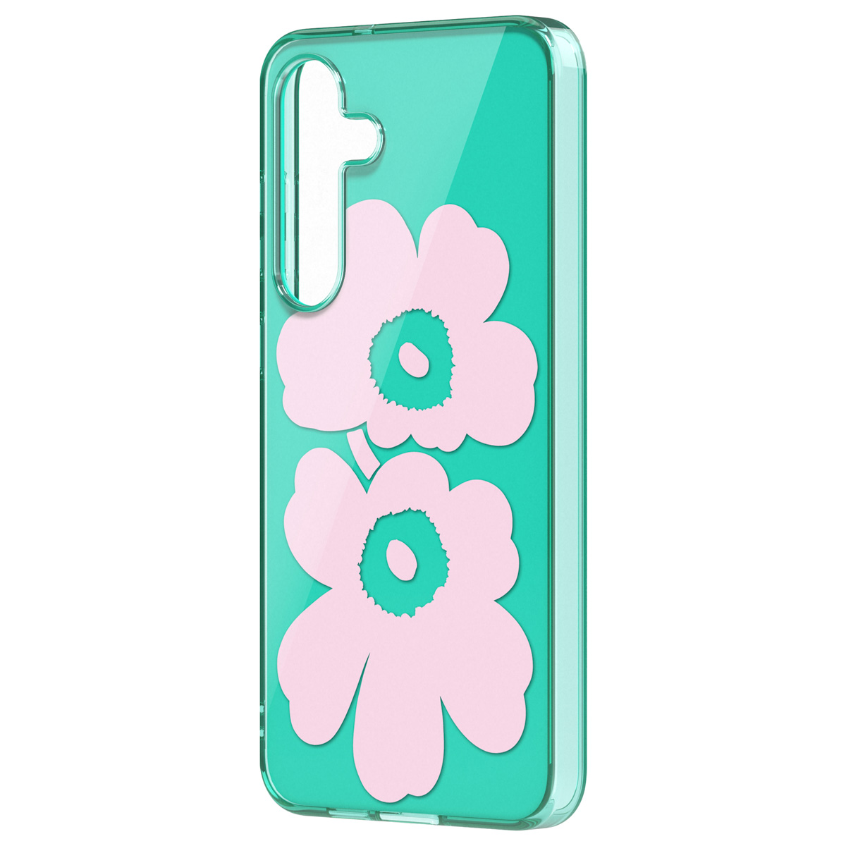 Custodia verde con design floreale rosa. Due fiori sono visibili.