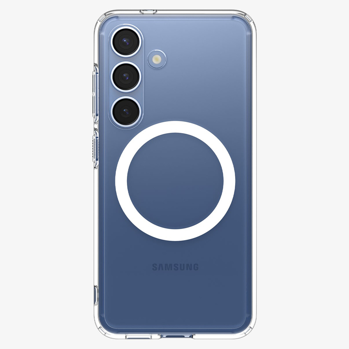 Coque de téléphone transparente avec un anneau blanc sur un téléphone bleu. Objectifs de caméra visibles.
